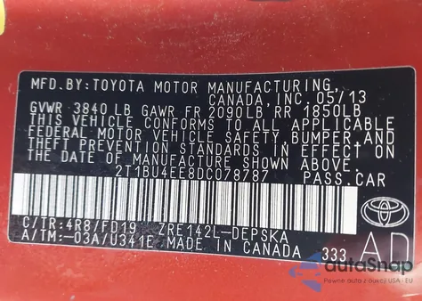 2013 Toyota Corolla S Special Edition from USA, damaged, VIN 2T1BU4EE8DC078787